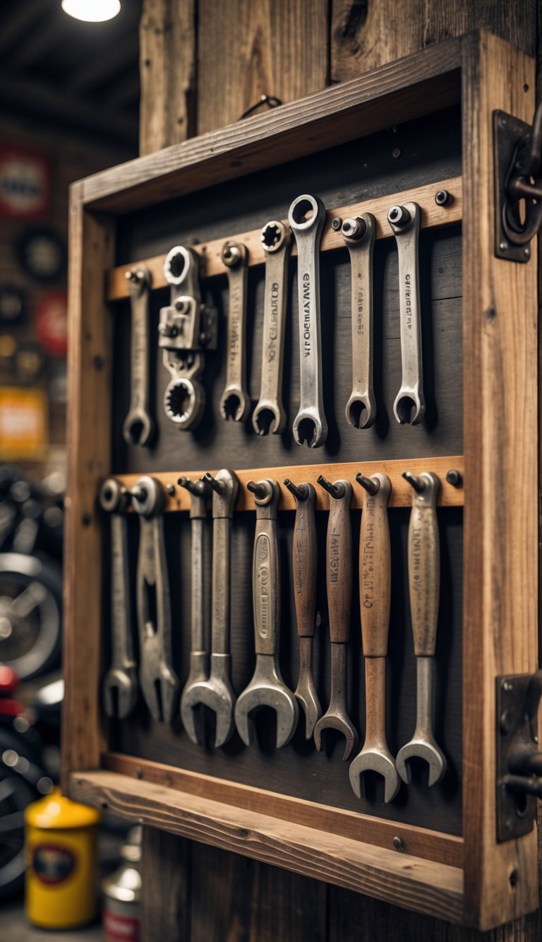 A shadow box containing vintage motorcycle tools mounted on a wooden wall in a motorcycle garage.
