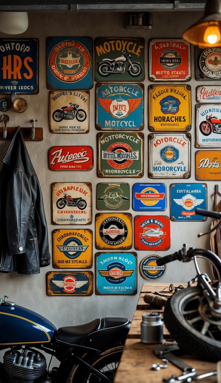A garage wall decorated with various vintage motorcycle brand tin signs surrounded by motorcycle tools and parts.