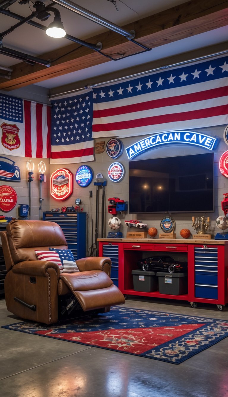 A garage transformed into a patriotic man cave with American flag decorations, a leather recliner, TV, vintage memorabilia, and organized shelves.