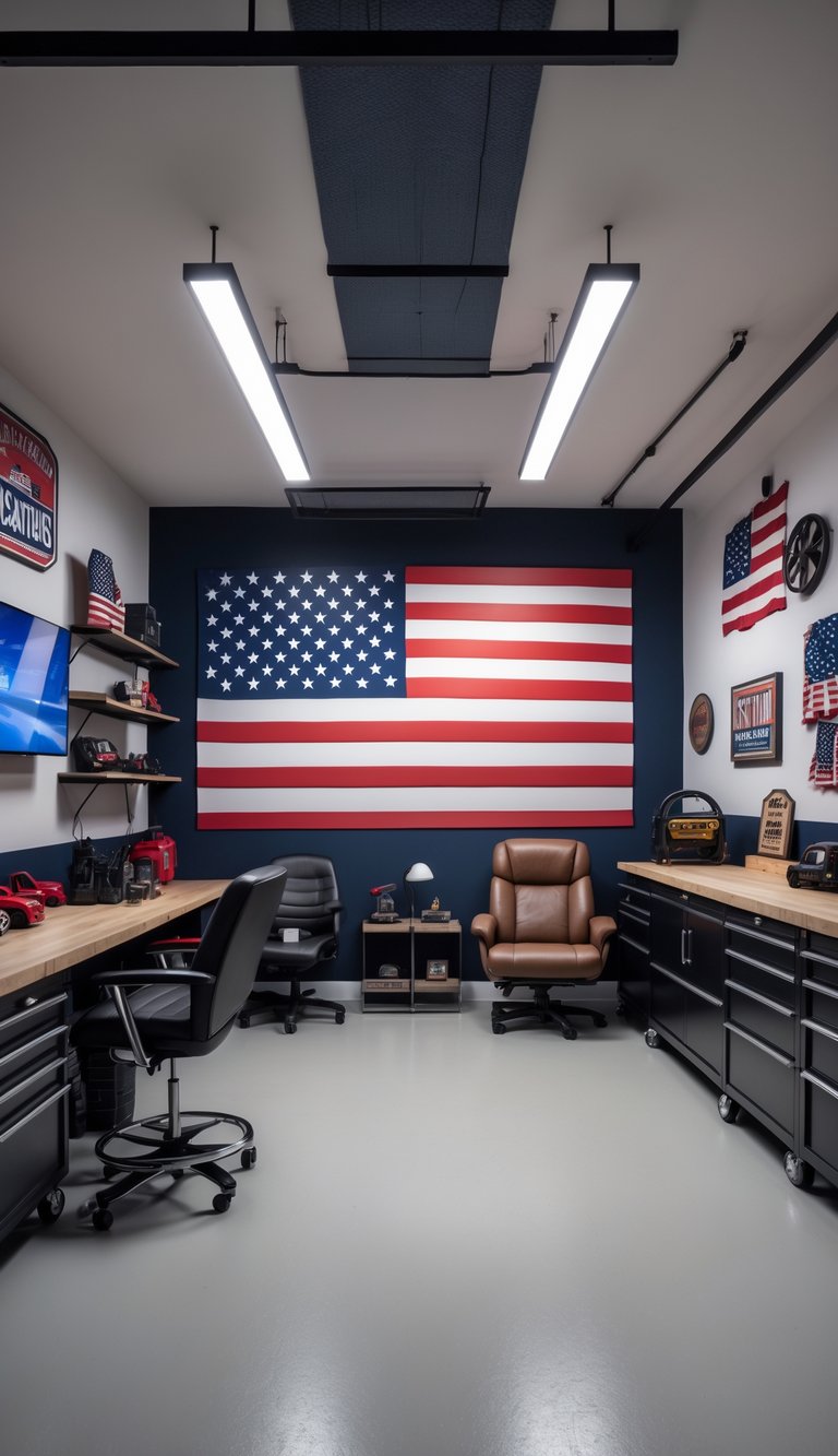A garage man cave with a large American flag mural on the wall, featuring seating, a workbench, and patriotic decorations.
