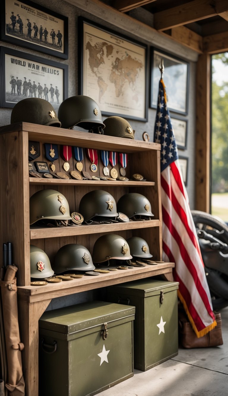 A garage man cave with shelves displaying vintage military helmets, medals, dog tags, patches, an ammo box, a folded American flag, and framed historical military photos on the wall.