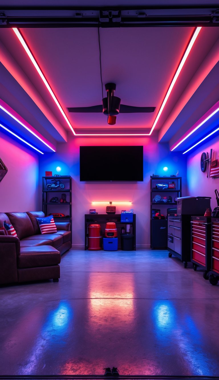 A garage man cave lit with red, white, and blue LED lights, featuring comfortable seating, a TV, and organized tools.