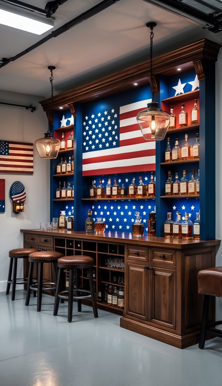 Custom whiskey bar with American flag-themed design inside a garage man cave with wooden shelves, whiskey bottles, and leather stools.