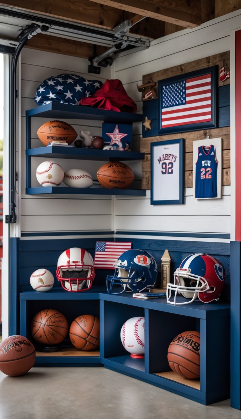 A garage corner decorated with sports memorabilia featuring American flag colors and patriotic decorations.