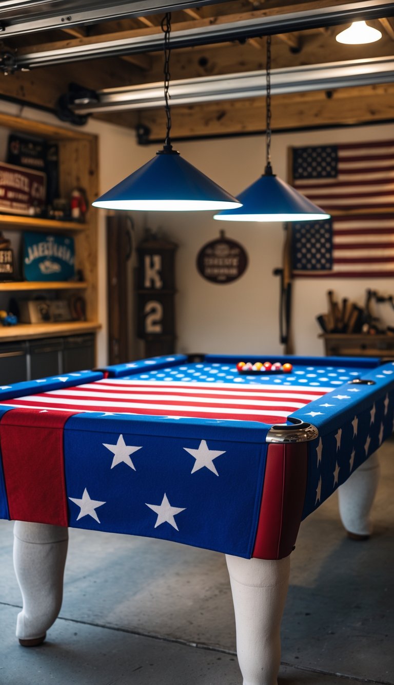 A pool table with American flag-themed felt in a garage man cave with shelves and decorations in the background.