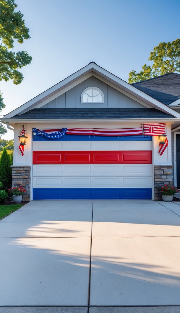 Garage door painted with red, white, and blue flag colors on a suburban house exterior.
