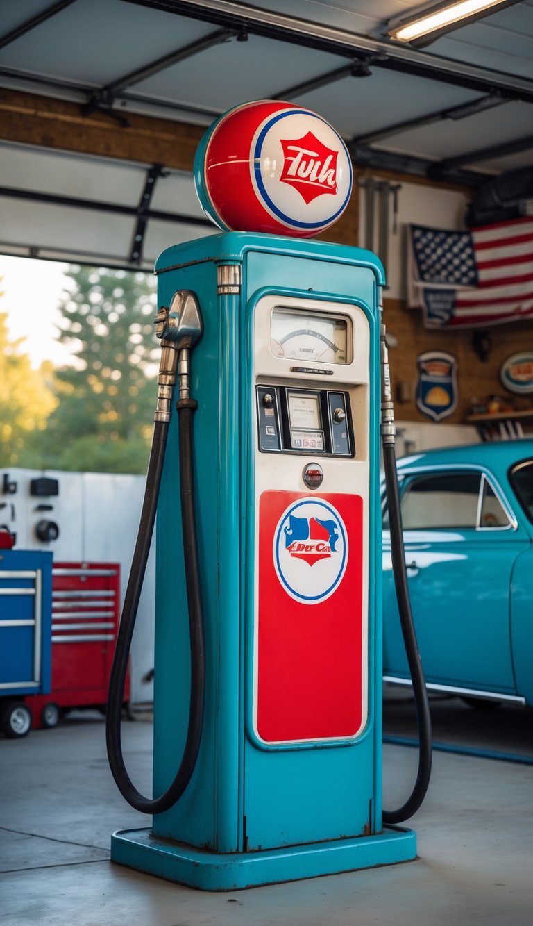 An old-fashioned gas pump with red, white, and blue flag decals inside a garage with automotive decor.
