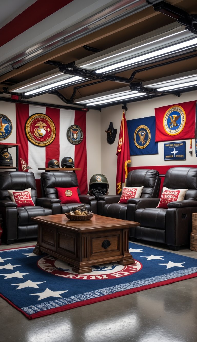A seating area in a garage decorated with US Marine Corps memorabilia, including flags, framed emblems, and military collectibles, featuring leather chairs and a wooden coffee table.