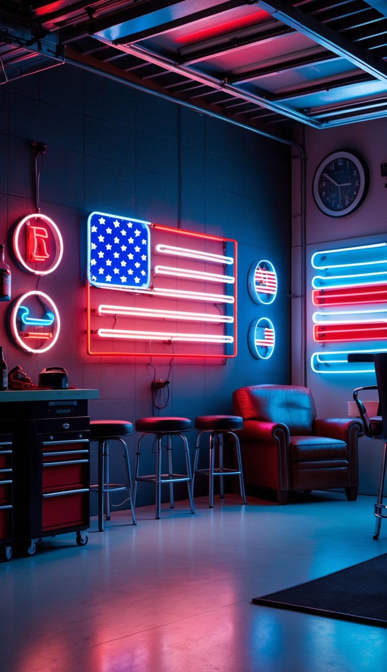 A garage man cave with glowing red, white, and blue neon signs inspired by the American flag mounted on the wall, featuring a workbench and seating.