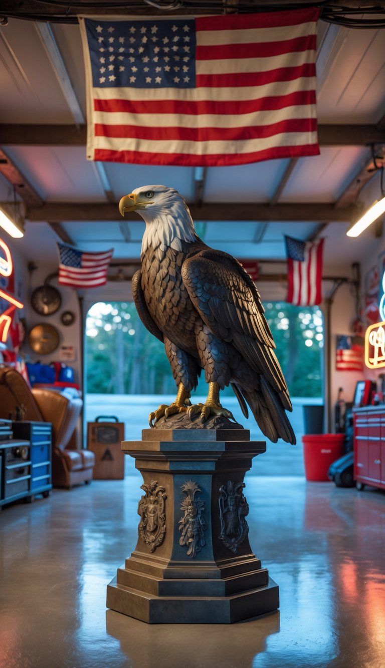 Eagle statue displayed prominently in a patriotic-themed garage man cave with American flags and themed decor.