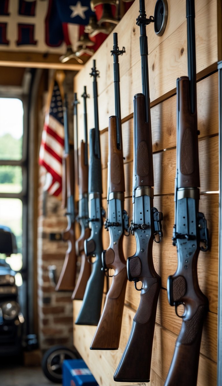 A garage man cave with vintage rifles mounted on a wooden wall and patriotic decorations in the background.