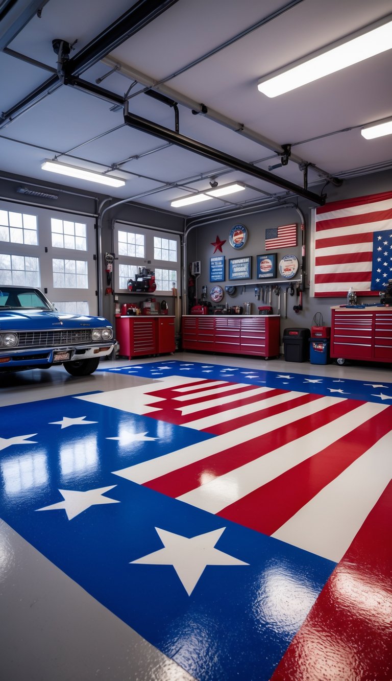 A spacious garage with a glossy American flag painted on the floor, a classic car, tool cabinets, and patriotic decorations.