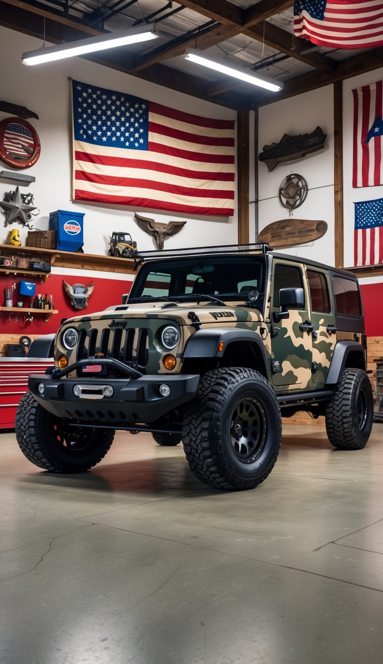 A Jeep with camouflage paint parked inside a garage decorated with American flags and patriotic decor.