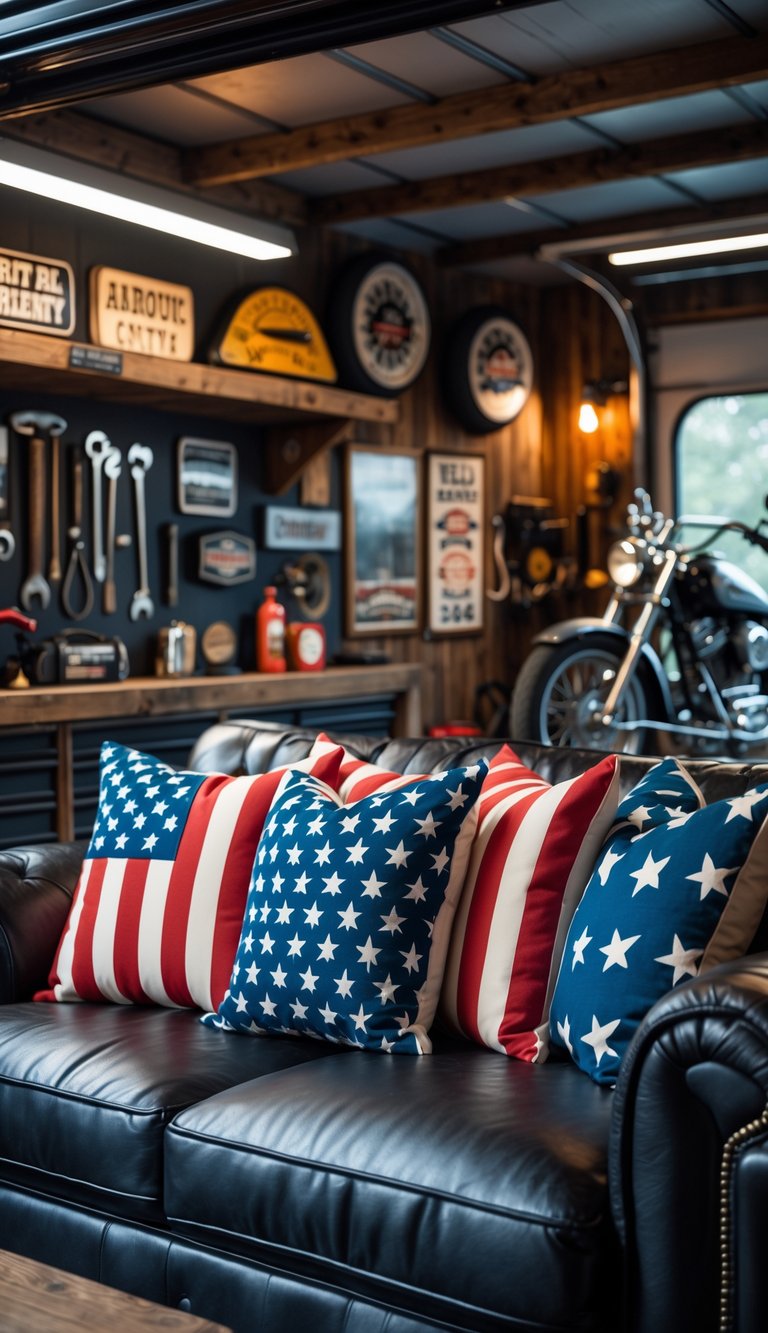 A garage man cave with American flag throw pillows on a leather sofa, surrounded by automotive decor and tools.