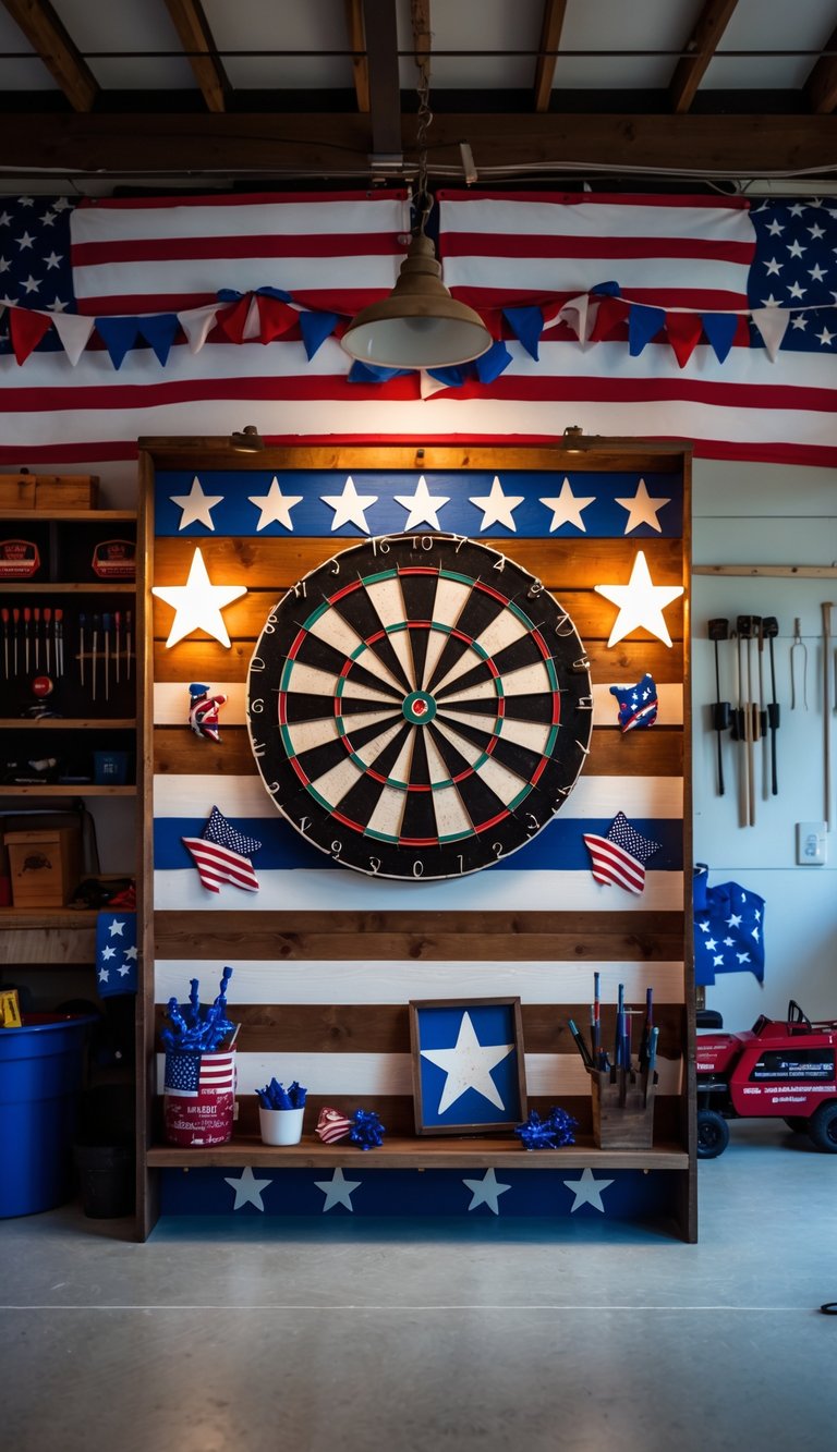 A dartboard mounted on a wooden wall with American flag decorations and patriotic-themed accessories around it in a garage man cave.