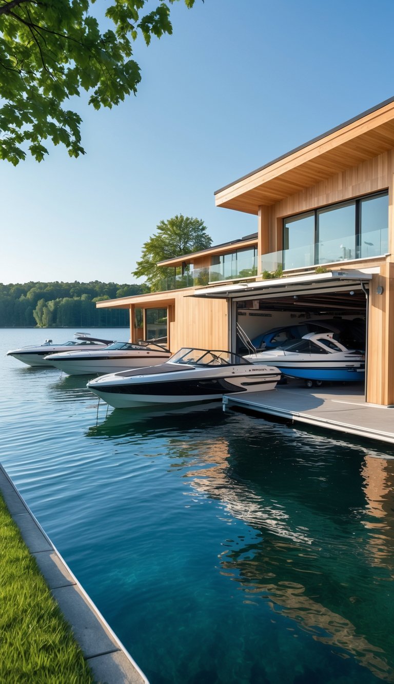 A lake house with a boat garage by clear water, boats docked inside and outside, surrounded by trees and a lawn.