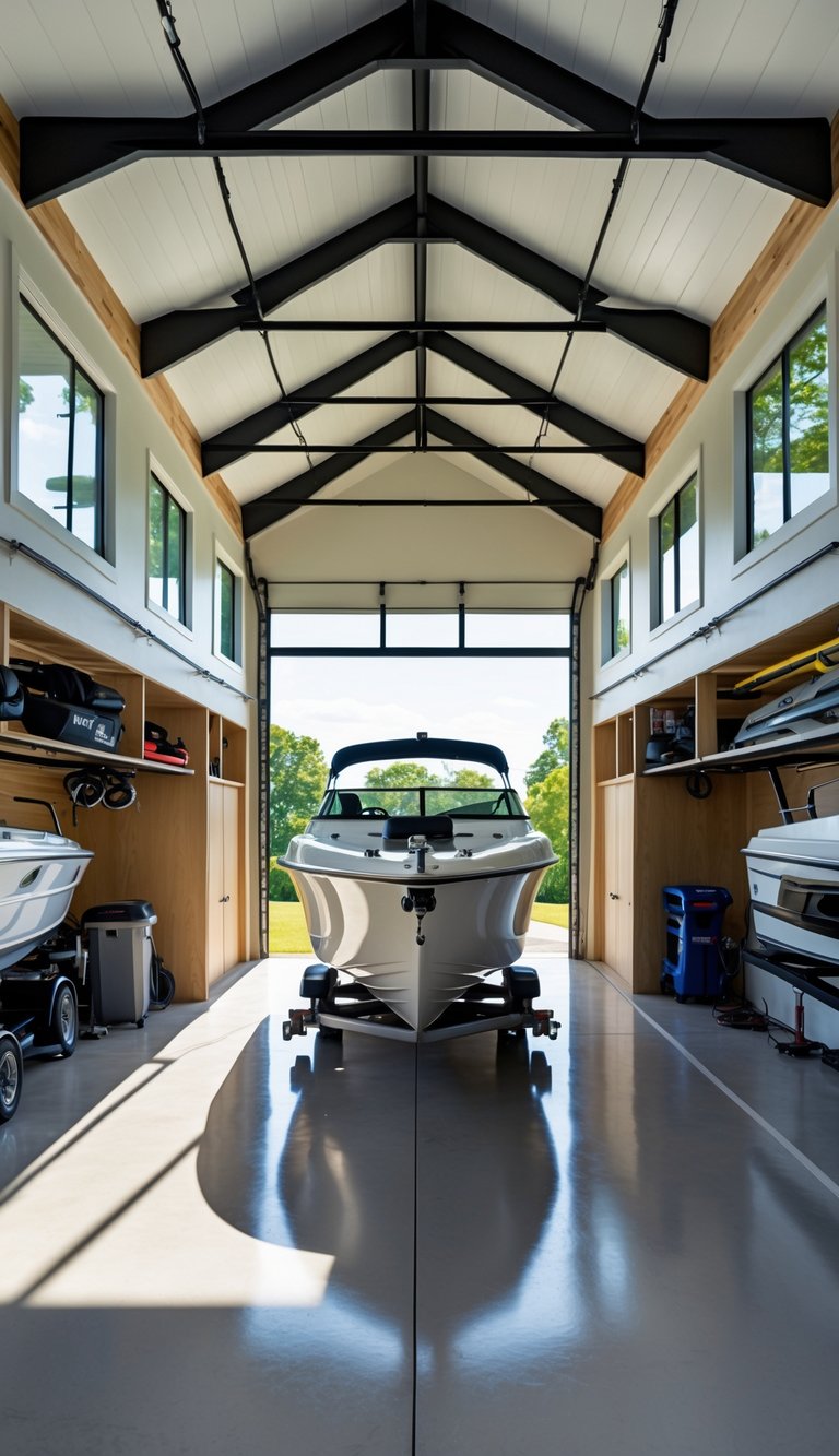 Spacious boat garage with vaulted ceilings, a motorboat docked inside, large windows, and organized storage areas.