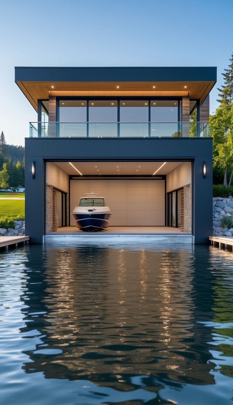 A lower level boat garage built into a lake house with glass doors opening onto a calm lake surrounded by trees.