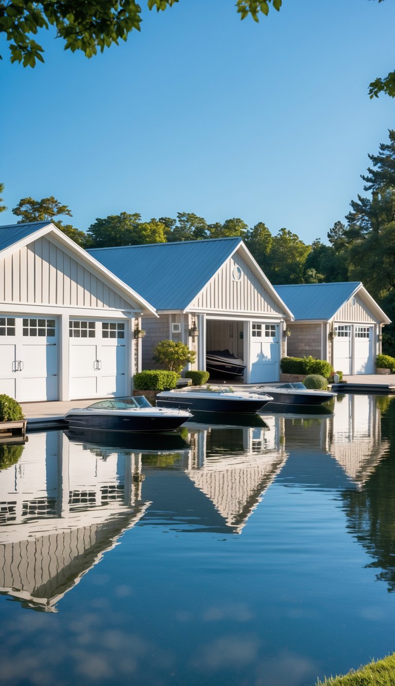 Several boat garages with white-accented doors located beside a calm lake surrounded by trees.