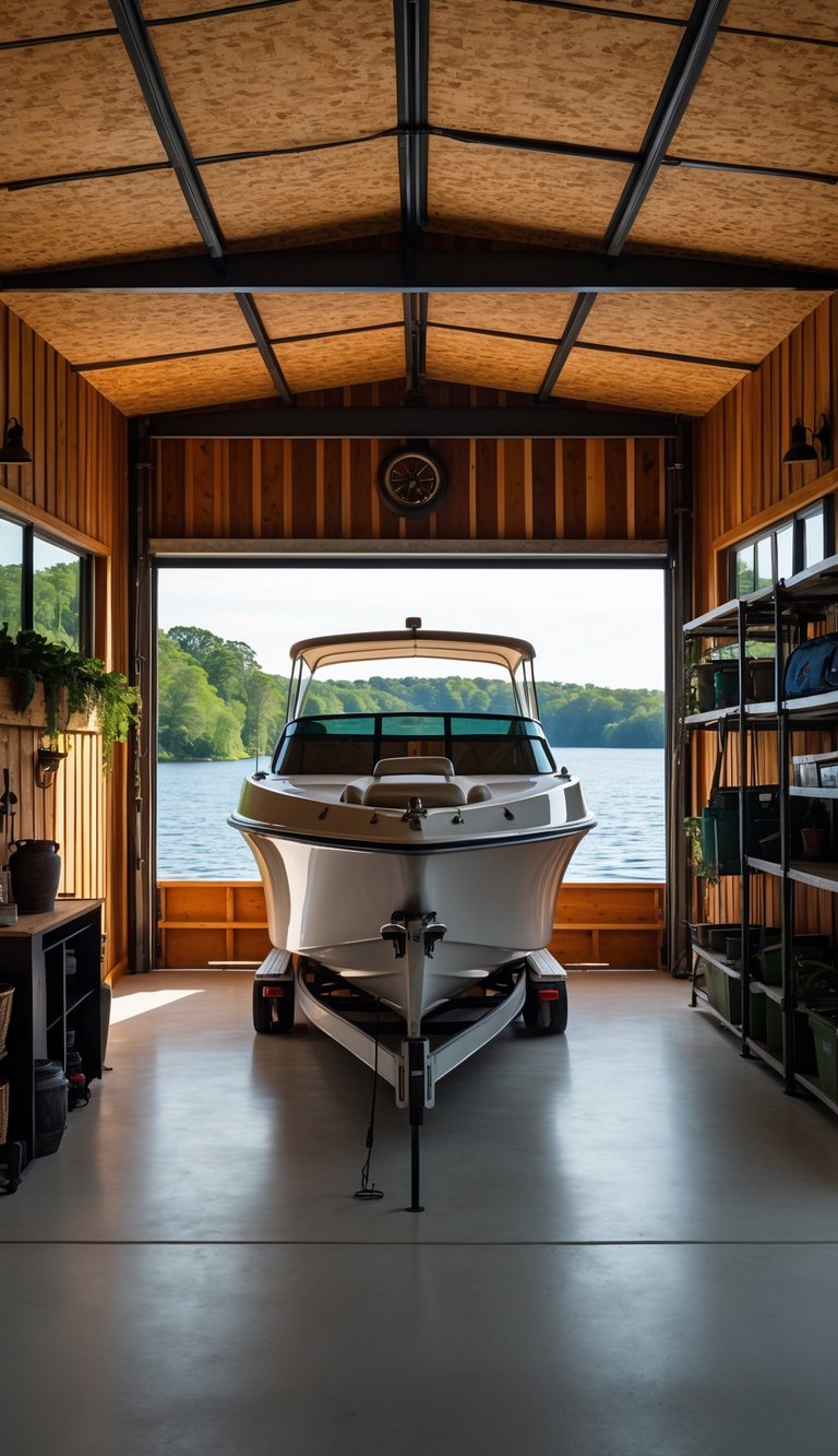 A spacious boat garage with exposed wood walls, a docked boat, storage shelves, and windows showing a lake outside.