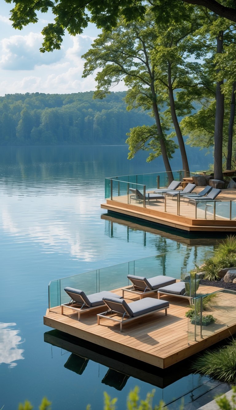 Two wooden decks with lounge chairs overlooking a calm lake surrounded by trees.