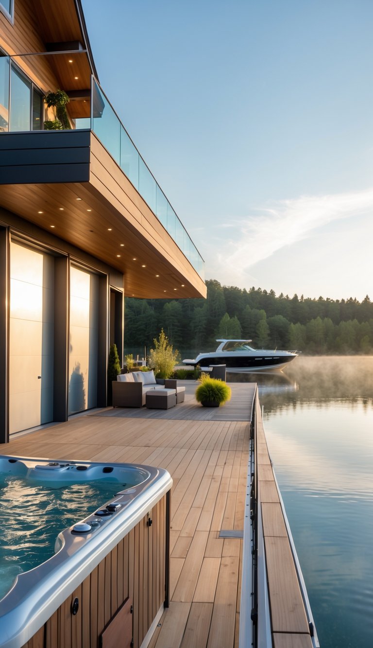 A wooden deck with a hot tub next to a boat garage by a calm lake surrounded by trees.