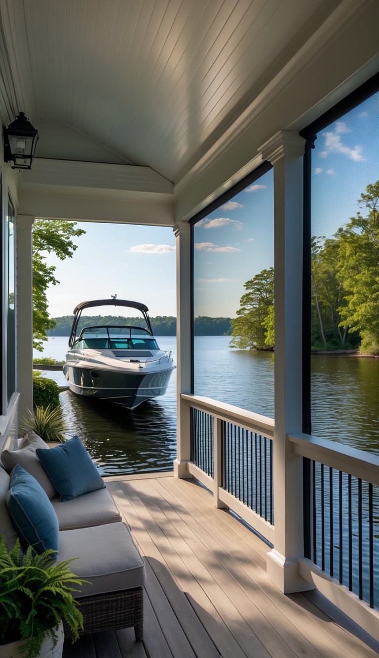 A screened porch with outdoor seating next to a boat garage containing a motorboat by a lake.