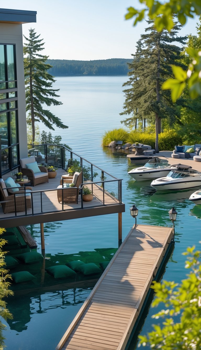 A balcony overlooking a communal dock with boats on a calm lake surrounded by trees.