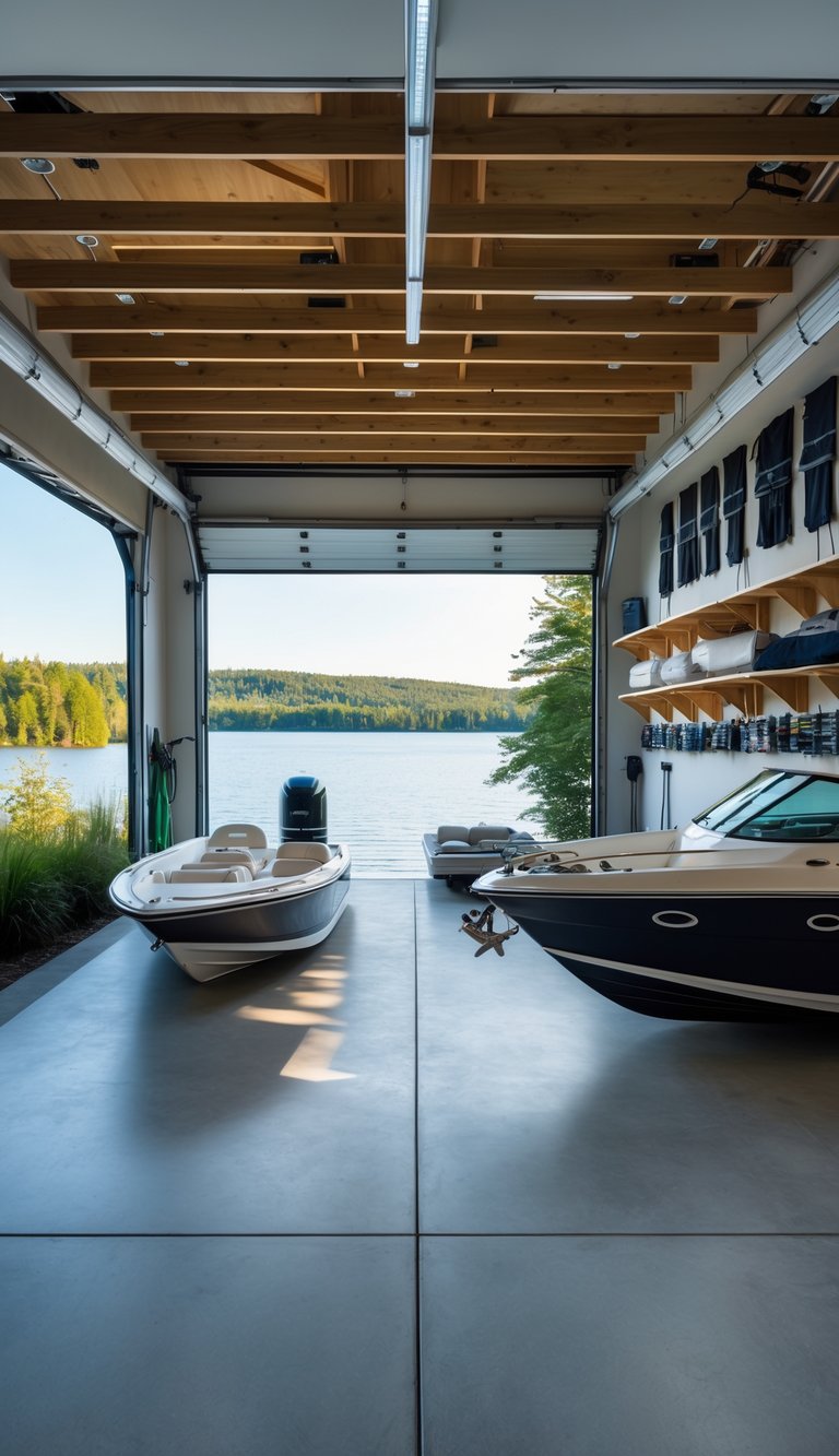 Spacious lake house boat garage with high ceilings, boats stored inside, organized equipment, and a lake view through the open garage door.