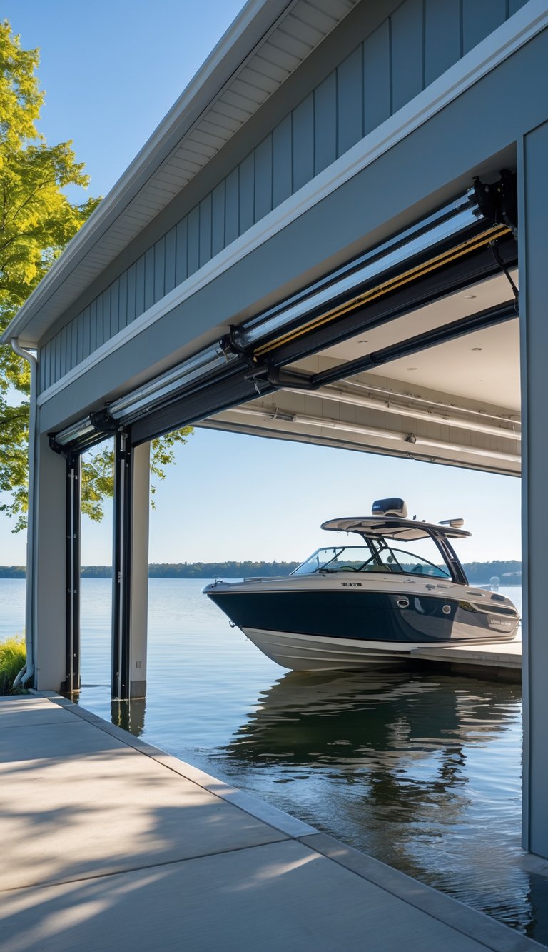 A lake house garage with wide open doors and a motorboat inside, overlooking a calm lake surrounded by trees.