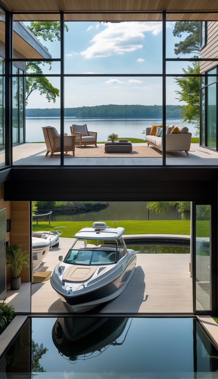Living room with large windows overlooking a lake, situated above a boat garage with a boat inside.