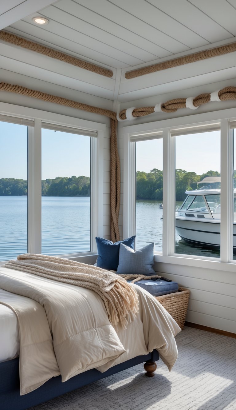 Guest bedroom inside a boathouse with large windows overlooking a lake and a boat garage.