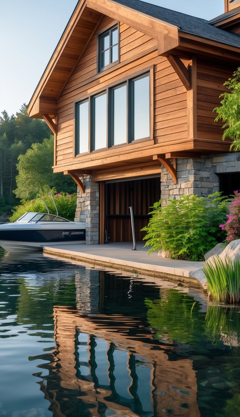 A lakeside boathouse with wooden siding and stone accents surrounded by greenery, reflected in calm lake water.