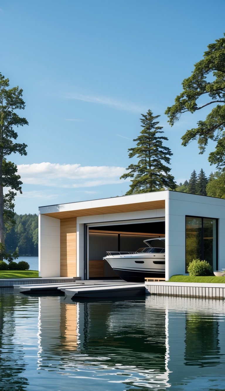 A modern boathouse with large windows and wooden accents on a calm lake surrounded by trees, with a boat docked inside.