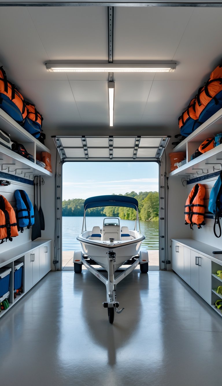 Interior of a boat garage with a parked boat trailer and organized boating gear, with a view of a lake outside.