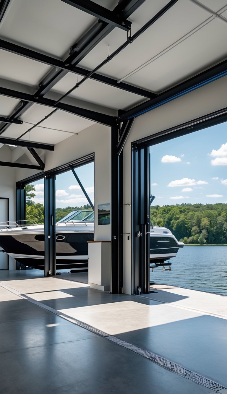 Spacious boat garage with minimal interior walls, a boat docked inside, and large open doors revealing a lake and greenery outside.