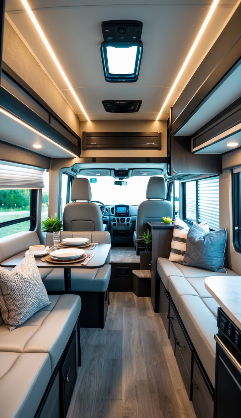 Interior of a modern RV showing comfortable seating, a kitchenette, storage compartments, and a sleeping area.