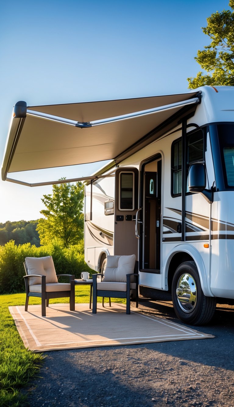 An RV with an extended patio awning shading a comfortable outdoor seating area surrounded by trees.