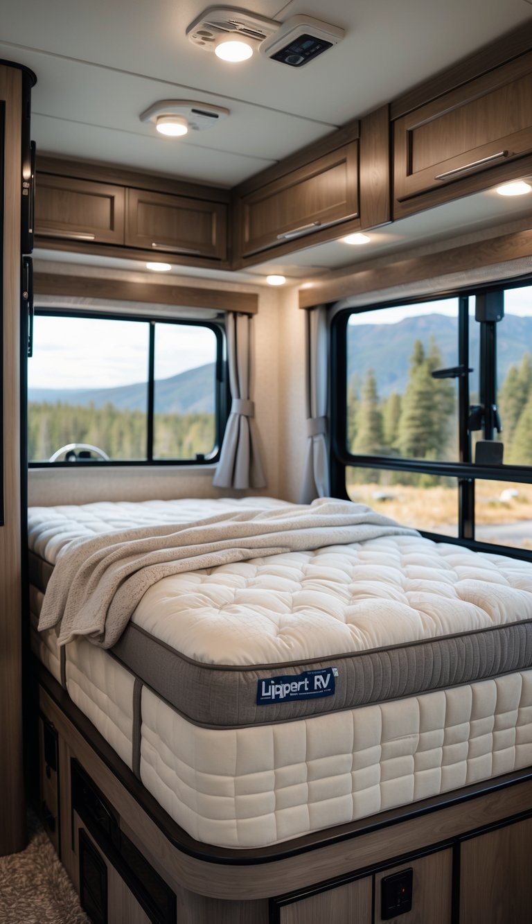 Interior of an RV featuring a comfortable upgraded mattress on a neatly made bed with windows showing a natural outdoor landscape.