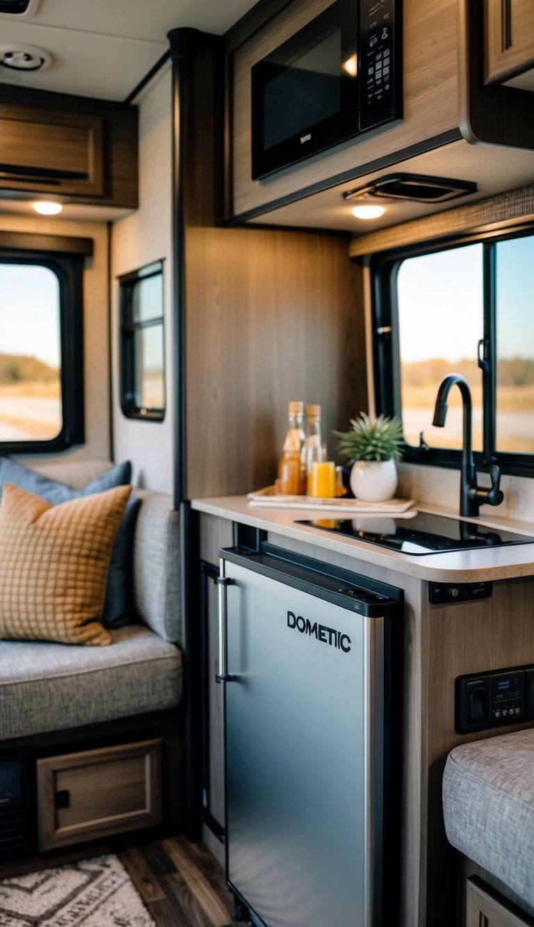 Interior of an RV showing a modern 12V refrigerator integrated into the kitchen area with comfortable seating and a window view.