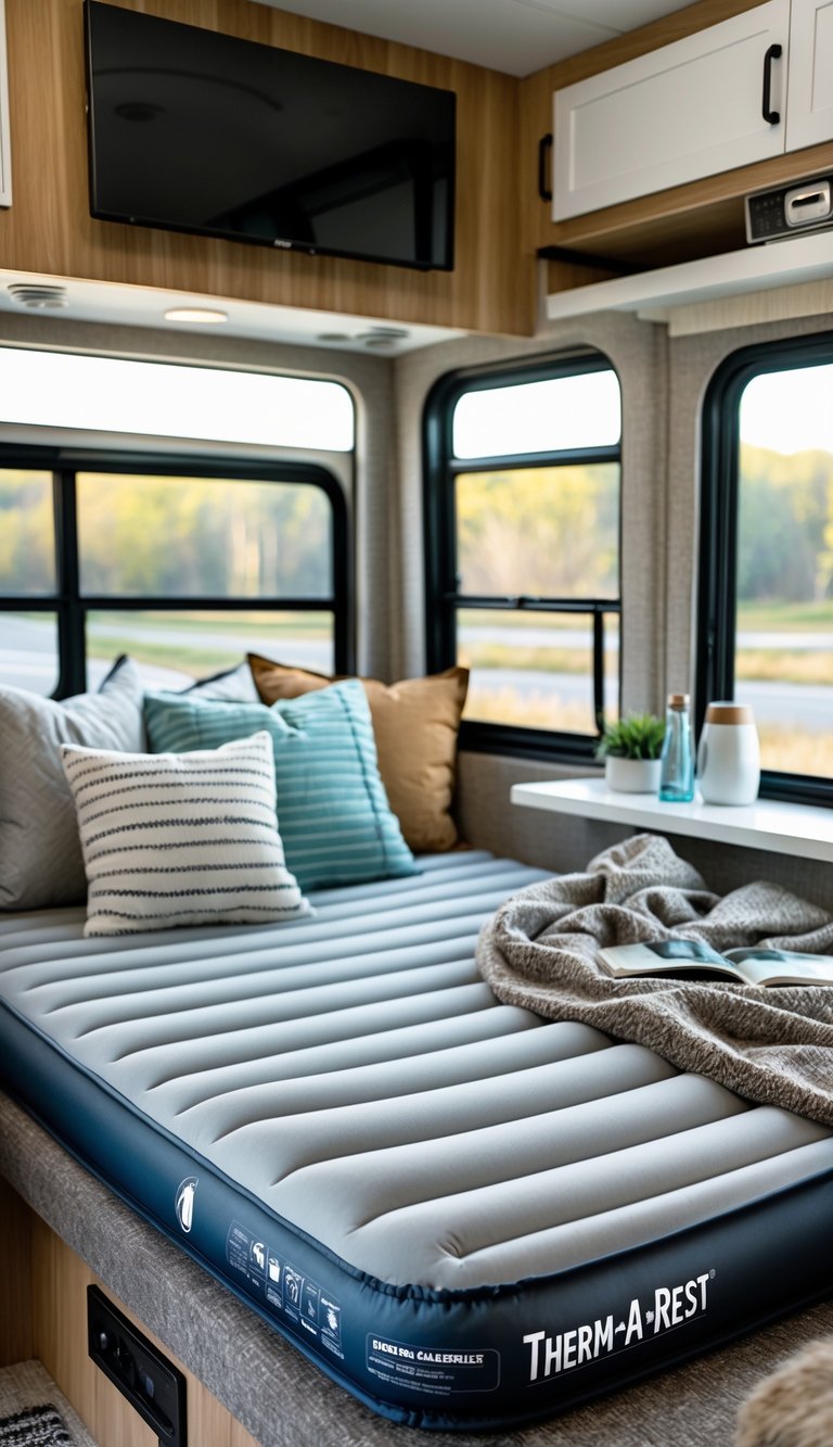 An inflated Therm-a-Rest NeoAir mattress set up inside a bright and cozy RV bedroom with pillows and blankets, sunlight coming through the windows.