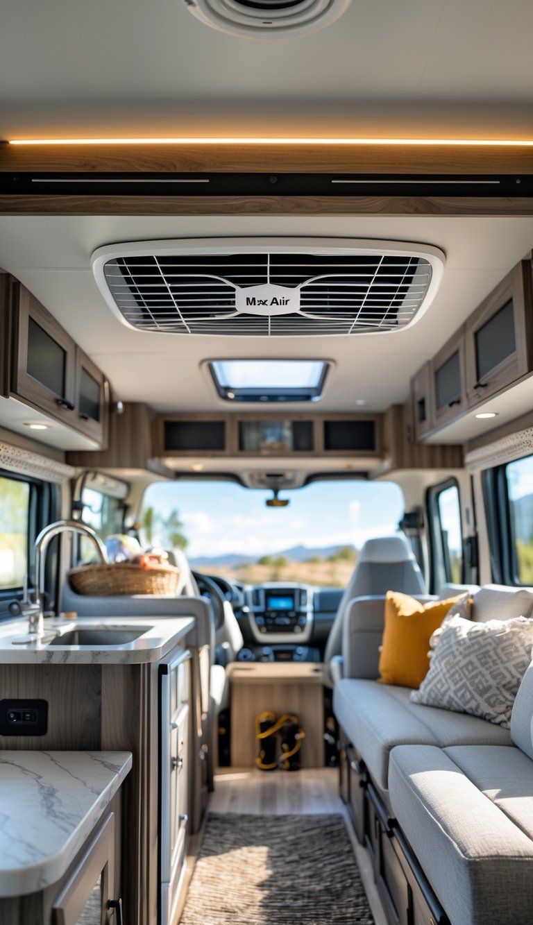 Interior view of an RV ceiling showing a MaxxAir vent fan with comfortable seating and natural light inside.