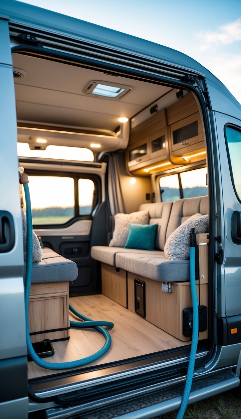Interior of a modern RV with comfortable seating and a fresh water hose connected outside, showing a scenic outdoor view.