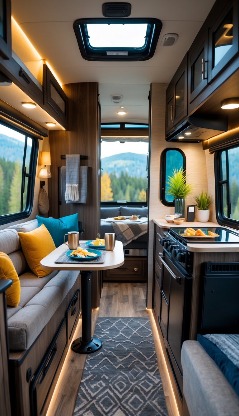 Interior of a comfortable and well-equipped RV with seating, kitchenette, dining table, and large windows showing an outdoor nature view.