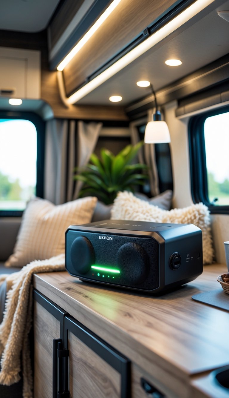Interior of an RV showing a portable sound system on a wooden shelf surrounded by cushions and natural light, creating a cozy and comfortable atmosphere.