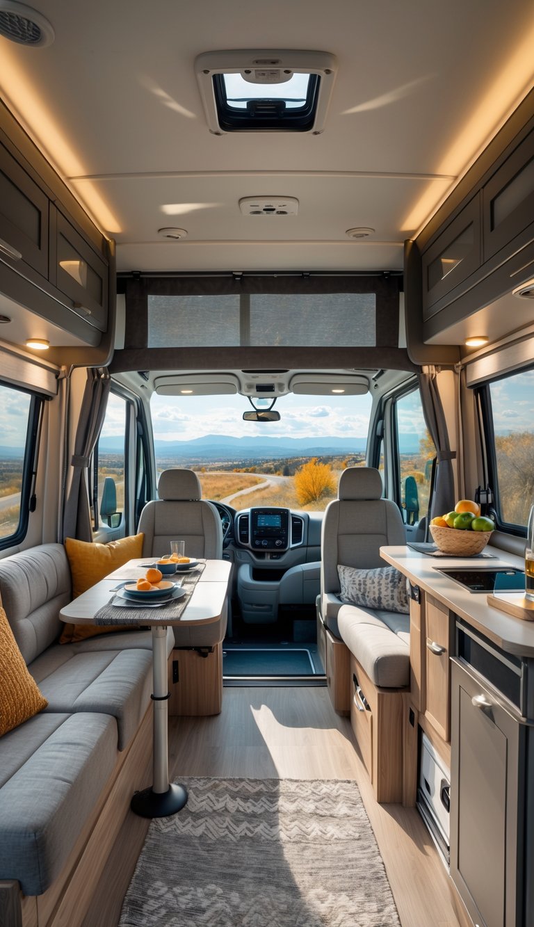 Interior of a modern RV with comfortable seating and an extended awning outside, showing a cozy and inviting travel setup.