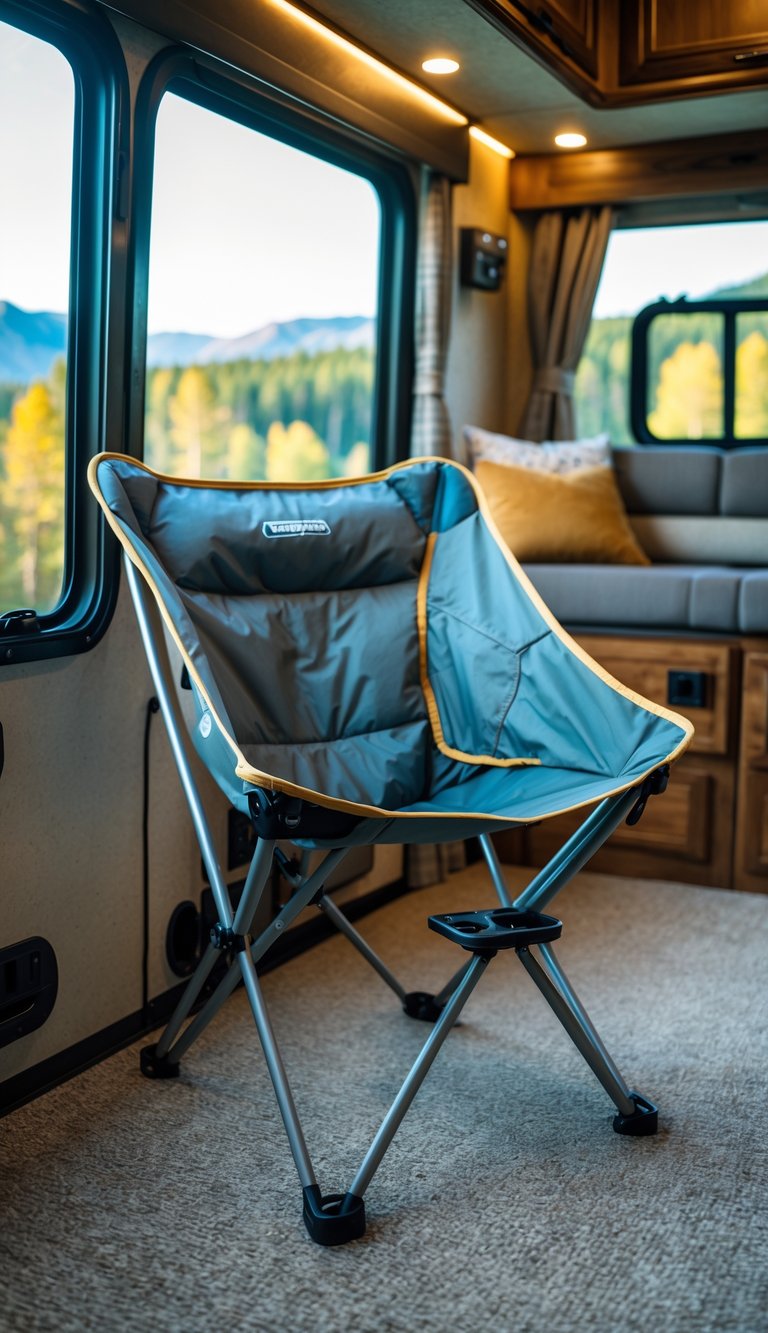 A foldable camping chair set inside a comfortable RV interior with large windows showing a forest outside.