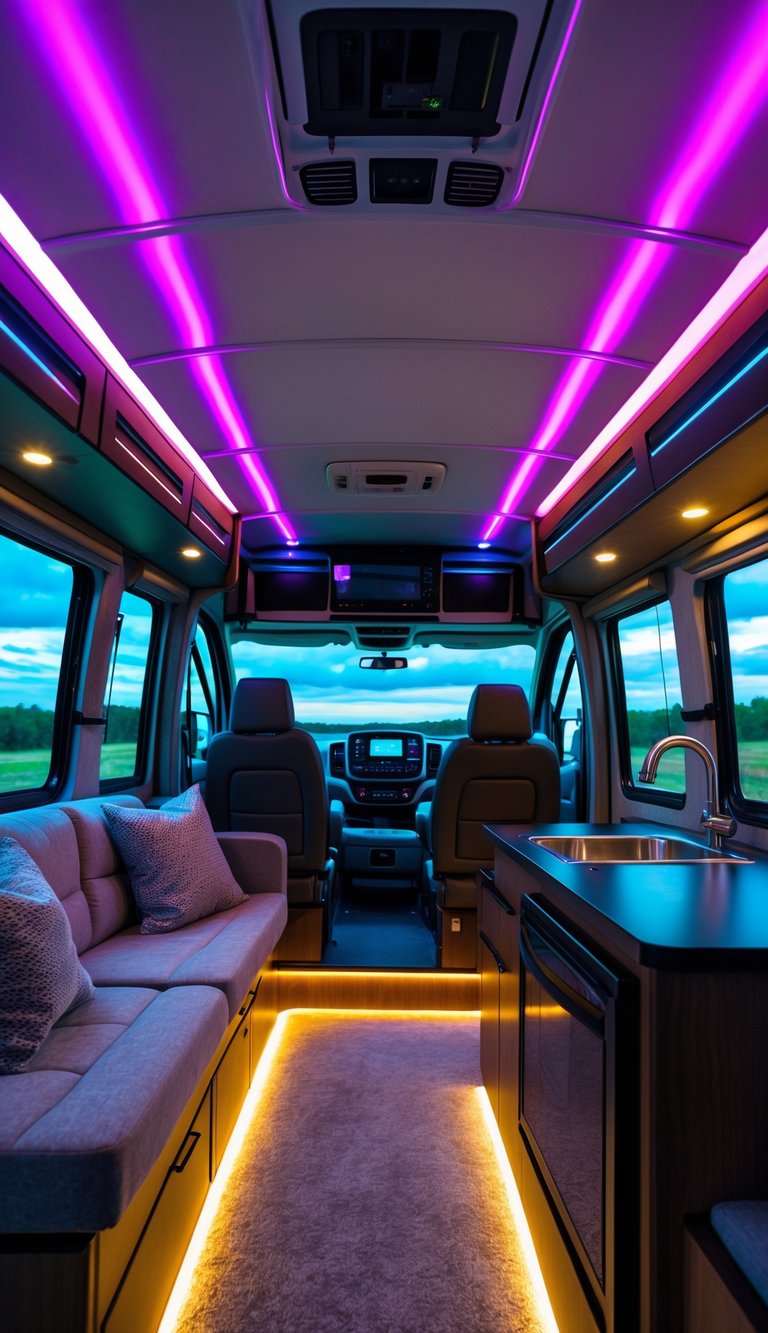 Interior of an RV with colorful LED strip lighting illuminating a cozy seating area and kitchen space during a road trip.
