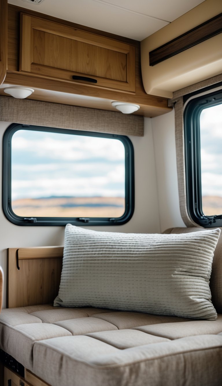 Interior of an RV with a memory foam pillow on a seat near a window showing a scenic view outside.