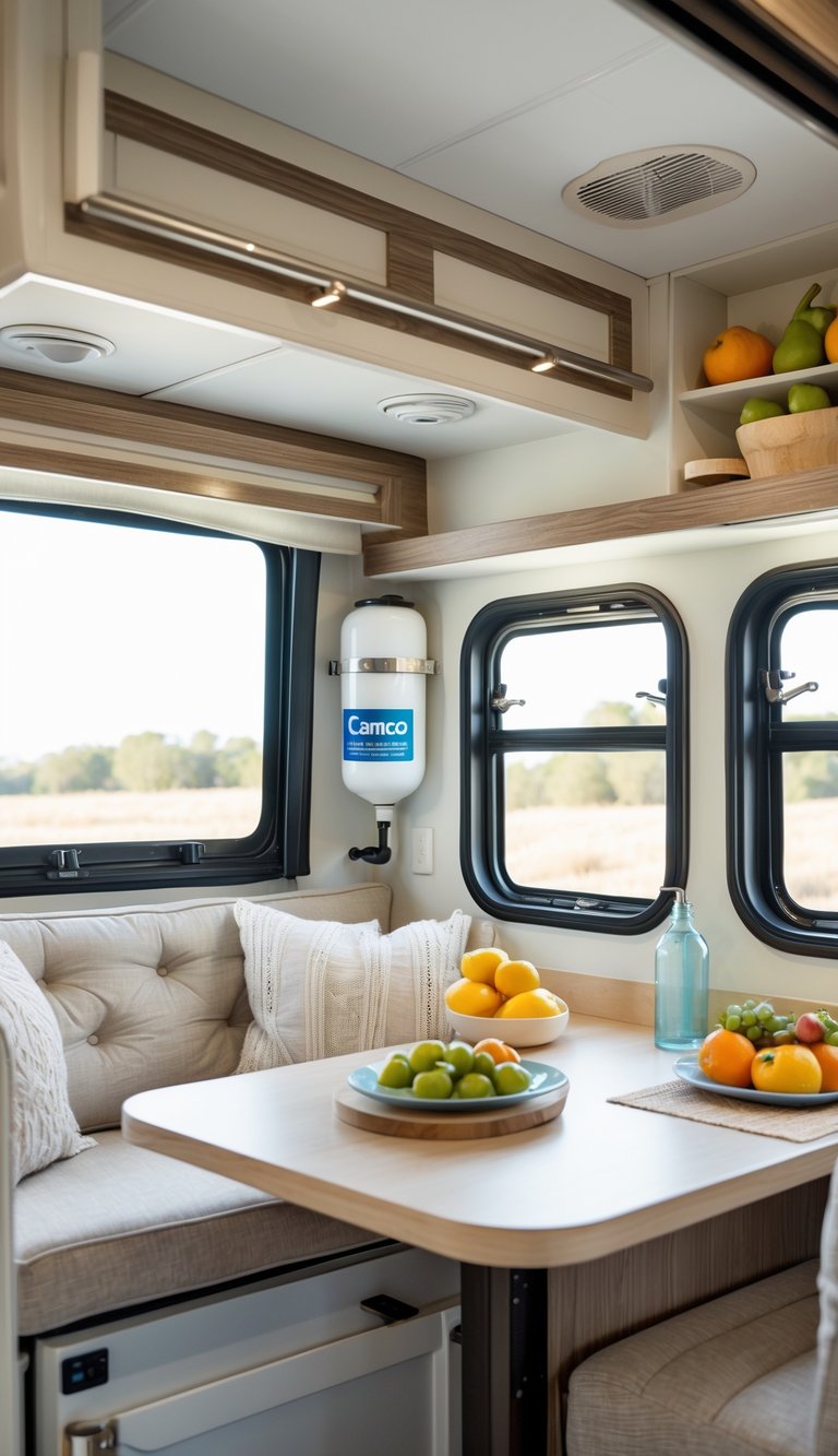 Interior of an RV kitchen area with a water filter installed near the sink, cozy seating, and natural light coming through the windows.